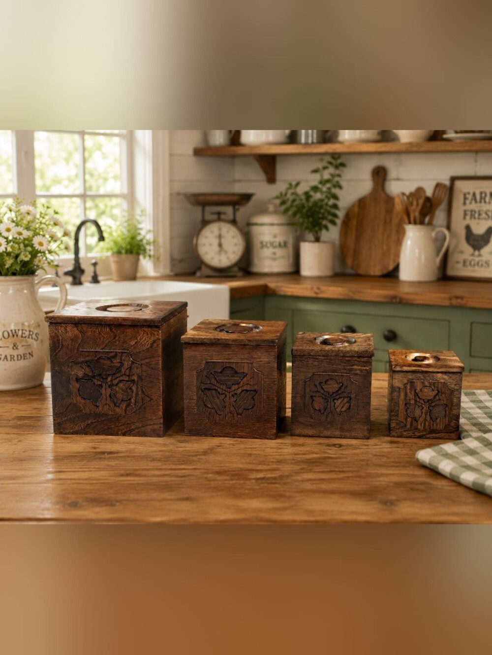 vintage sears 1976 made in japan floral cut out wood 4pc canister set mint